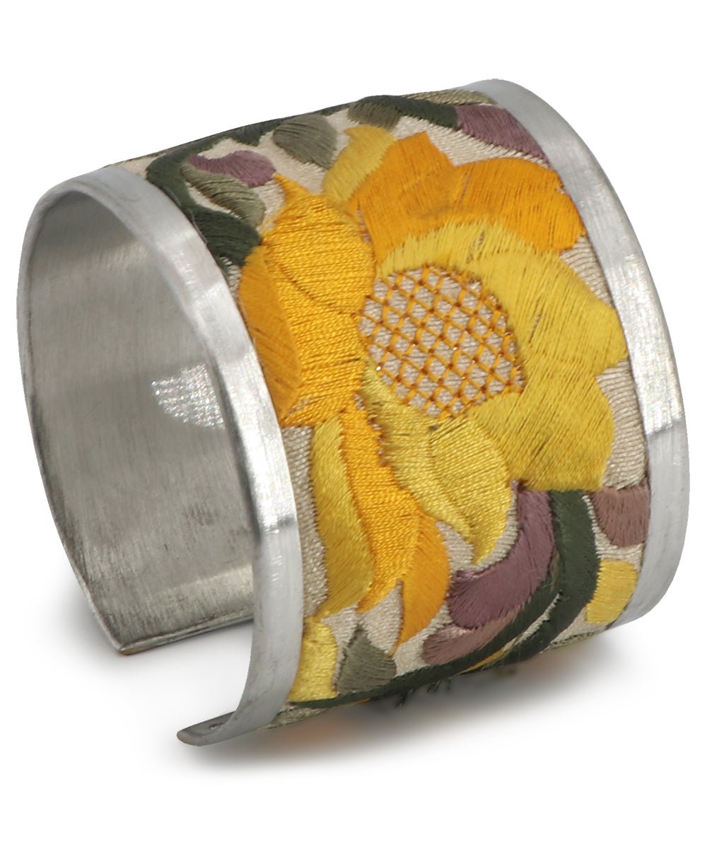 Embroidered Lotus Cuff Bracelet in Yellow - Bracelets