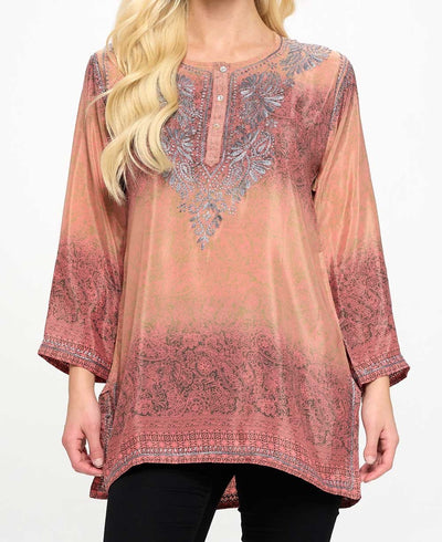 Embroidered Ombre Floral Tunic - Shirts & Tops S