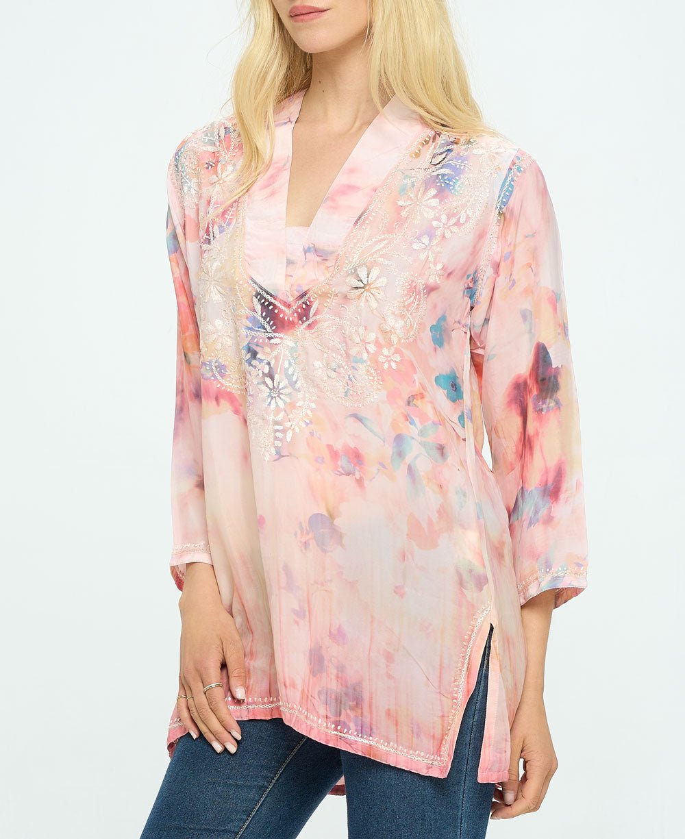 Embroidered Peach Tones V Neck Tunic Top - Shirts & Tops S