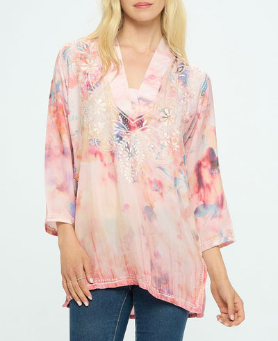 Embroidered Peach Tones V Neck Tunic Top - Shirts & Tops S