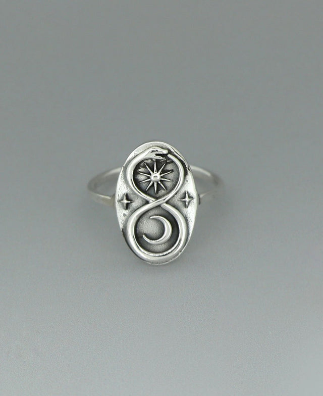 Endless Energy Sun and Moon Infinity Snake Sterling Silver Ring - Rings Size 6