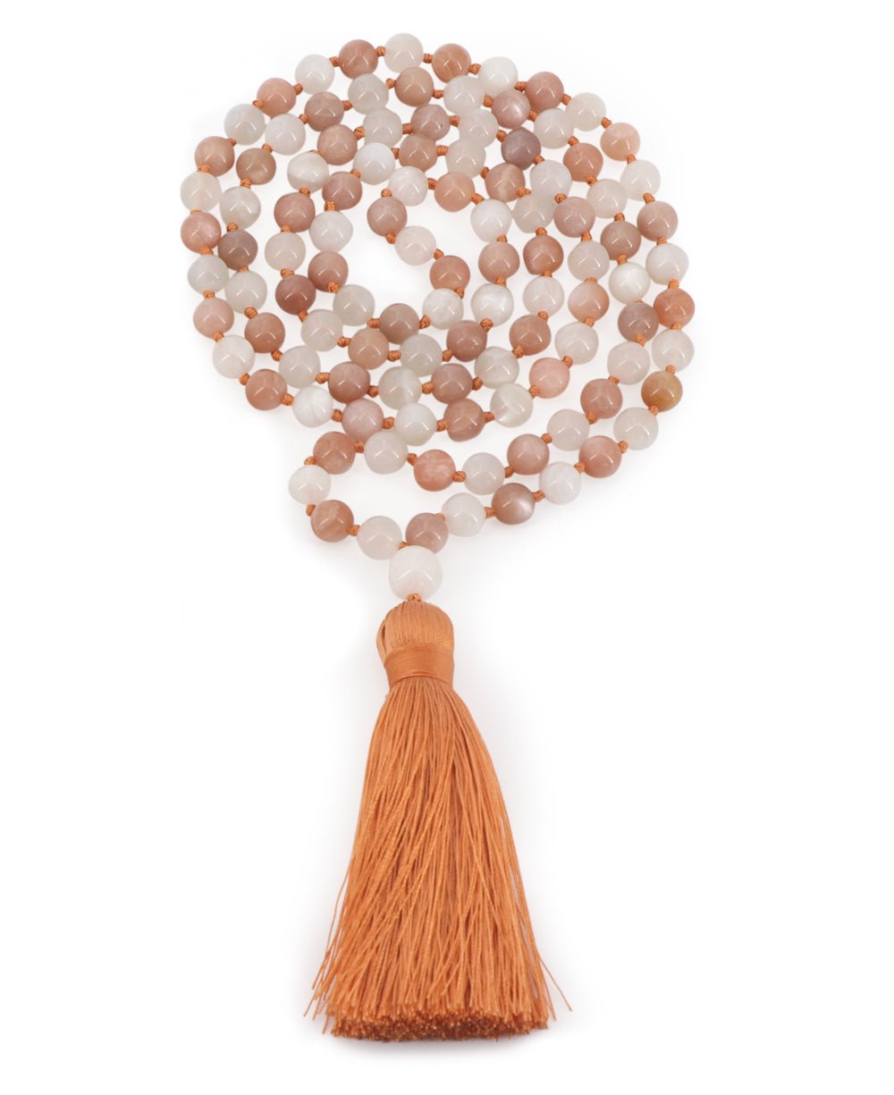 Ethereal White and Peach Moonstone Beads Meditation Knotted Mala - Prayer Beads 6mm