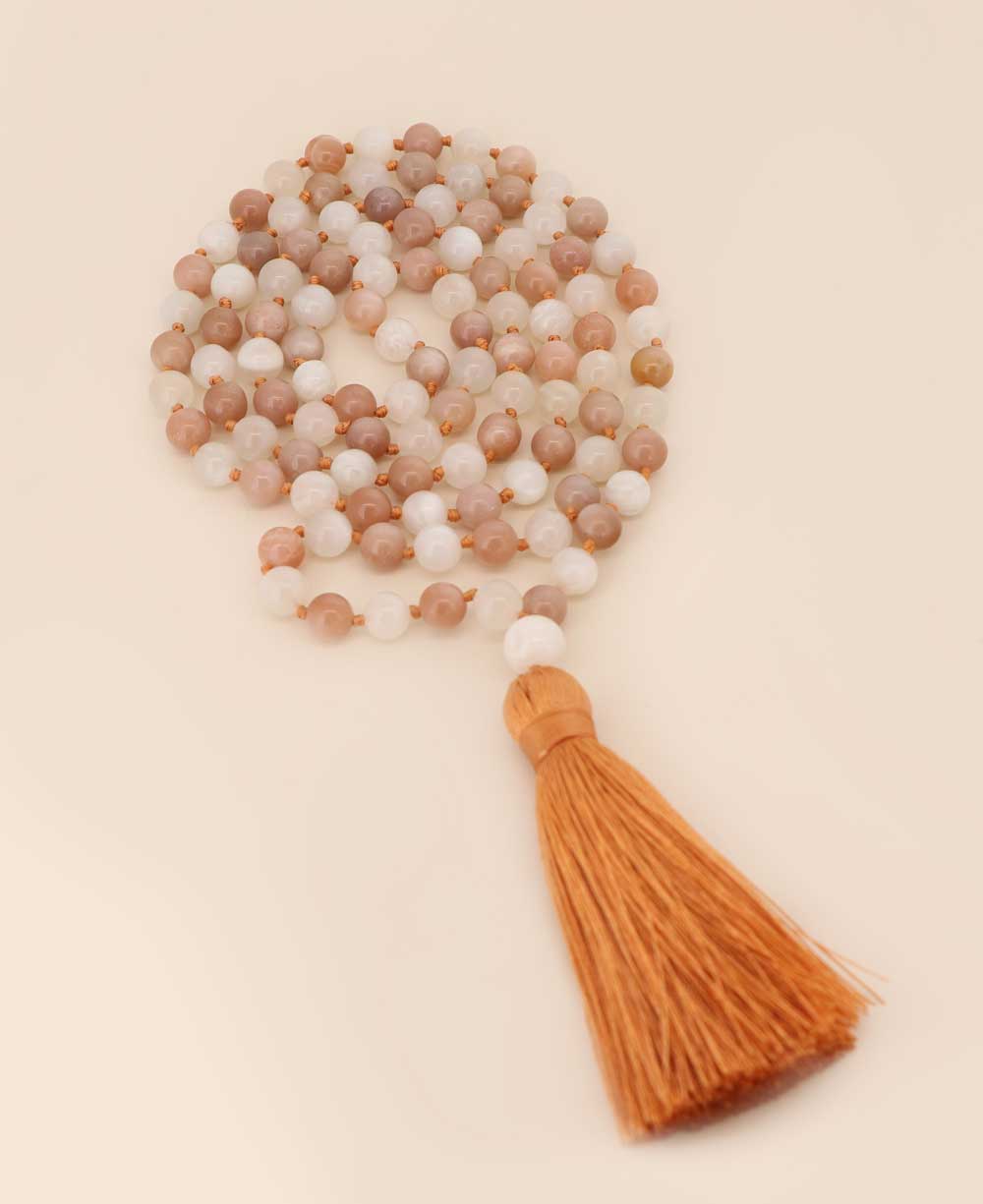 Ethereal White and Peach Moonstone Beads Meditation Knotted Mala - Prayer Beads 6mm