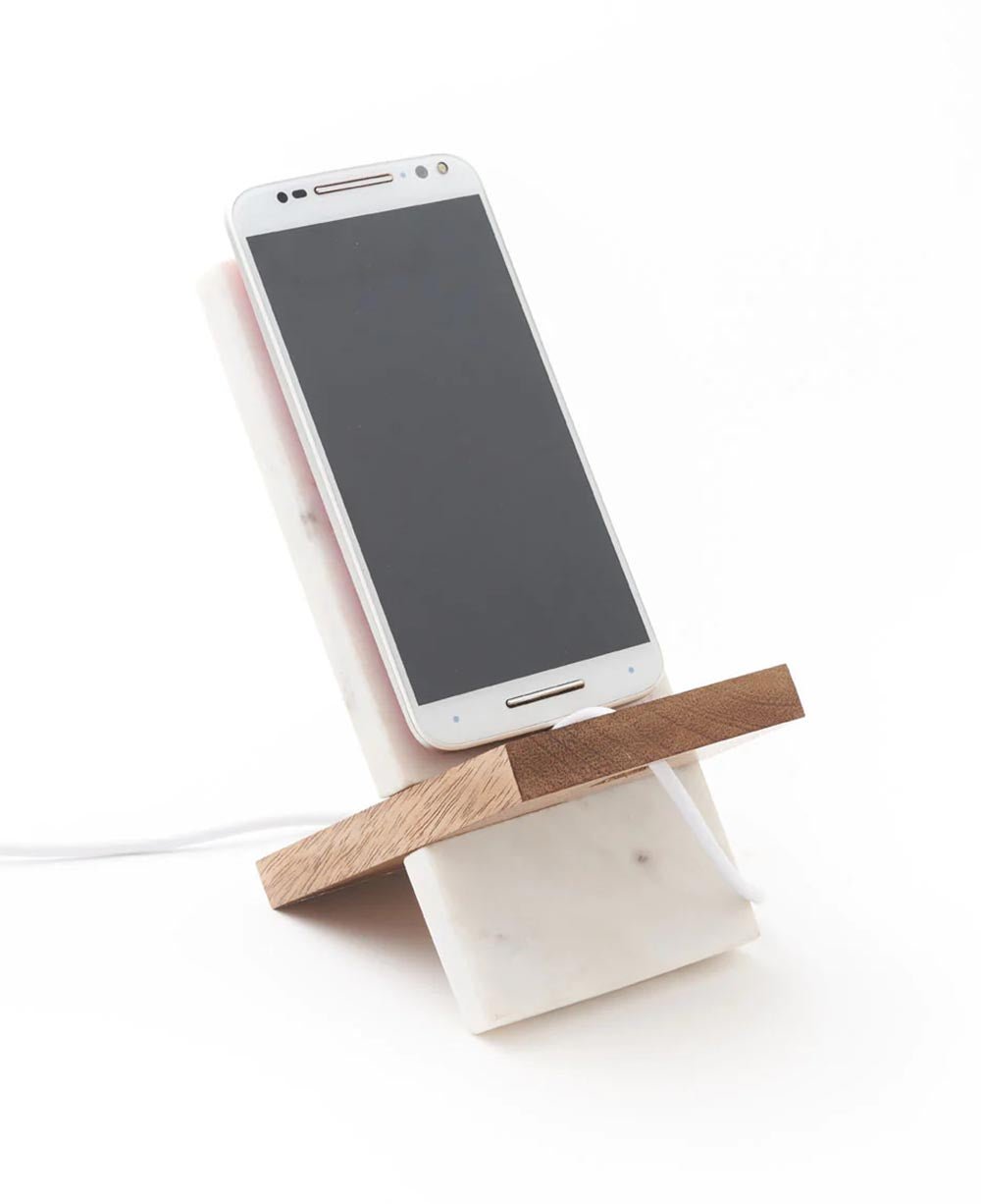 Fair Trade Brass Inlay Moon Phase Marble & Wood Phone Stand - Charging Dock - Mobile Phone Stands