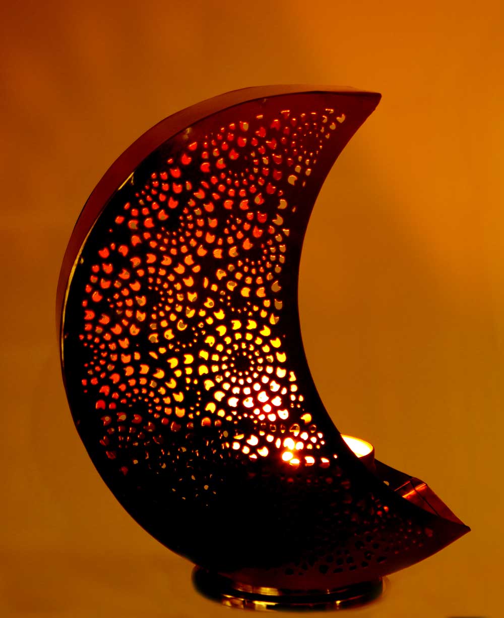 Fair Trade Moon Shaped Cutout Lantern Candle Holder - Candle Holders Copper