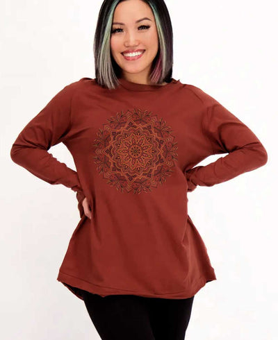 Fair Trade Organic Cotton Mandala Long Sleeve Yoga Tunic Tee - Shirts & Tops S