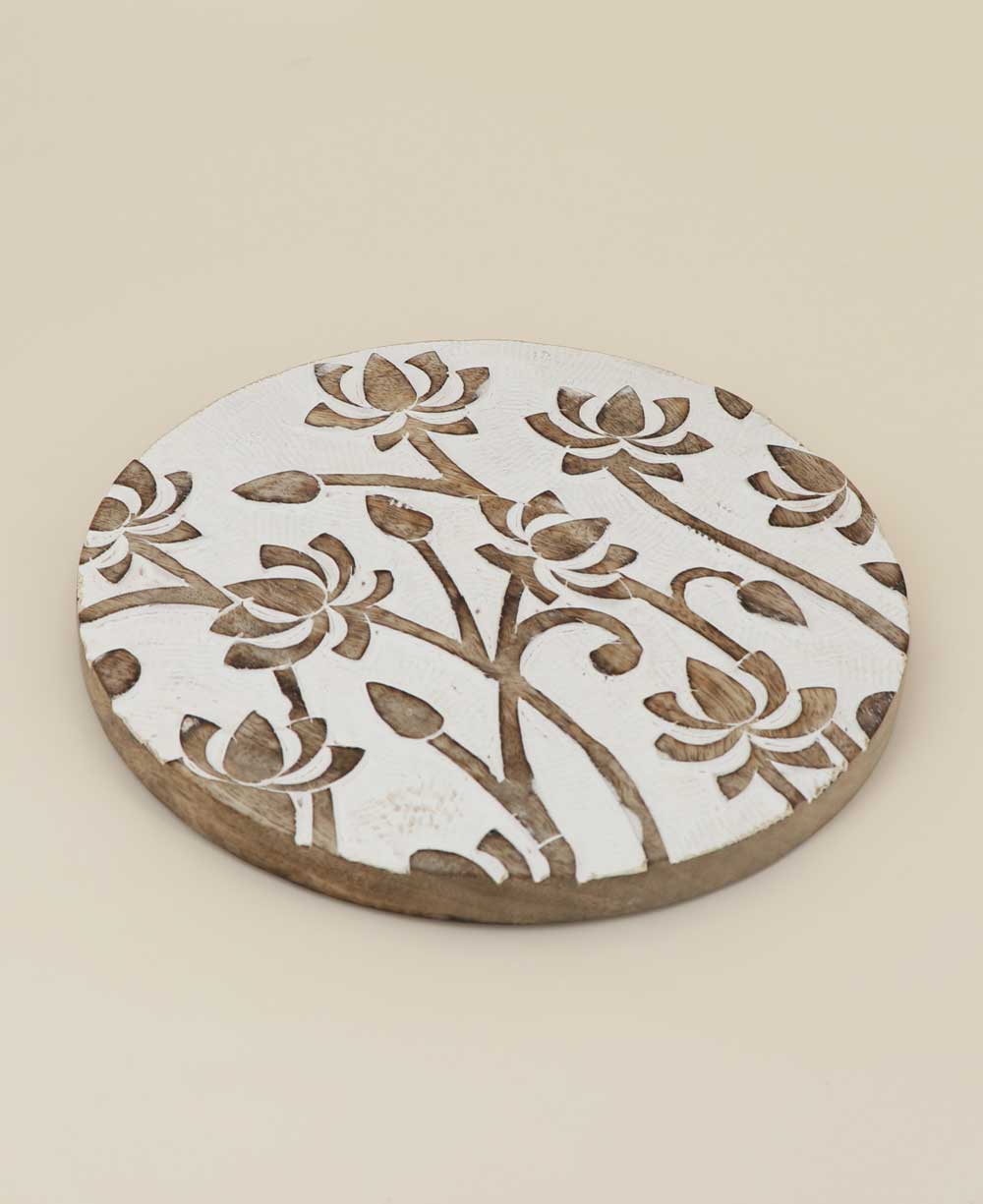 Fairtrade Hand Carved Lotus Wood Round Trivet - Trivets