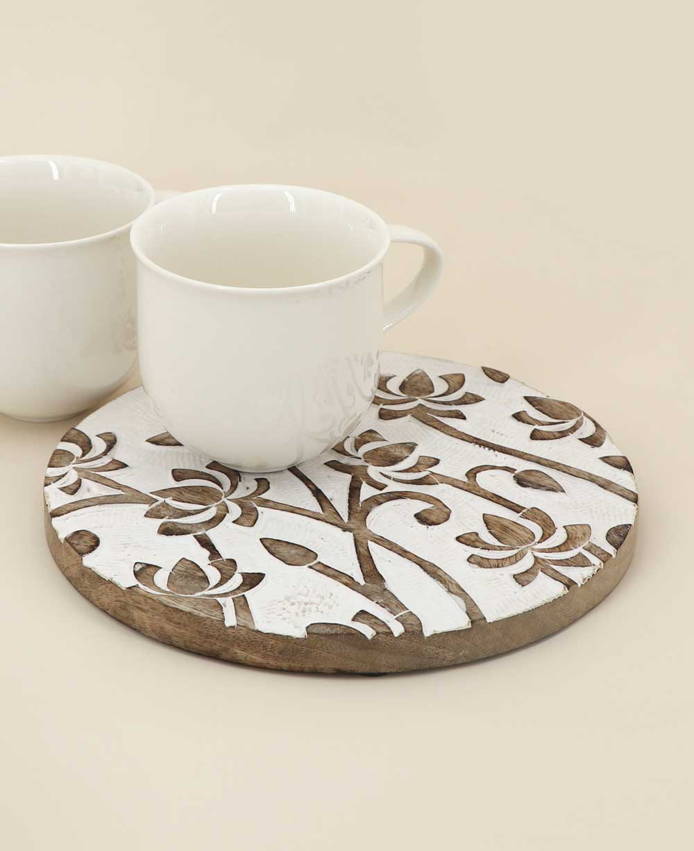 Fairtrade Hand Carved Lotus Wood Round Trivet - Trivets
