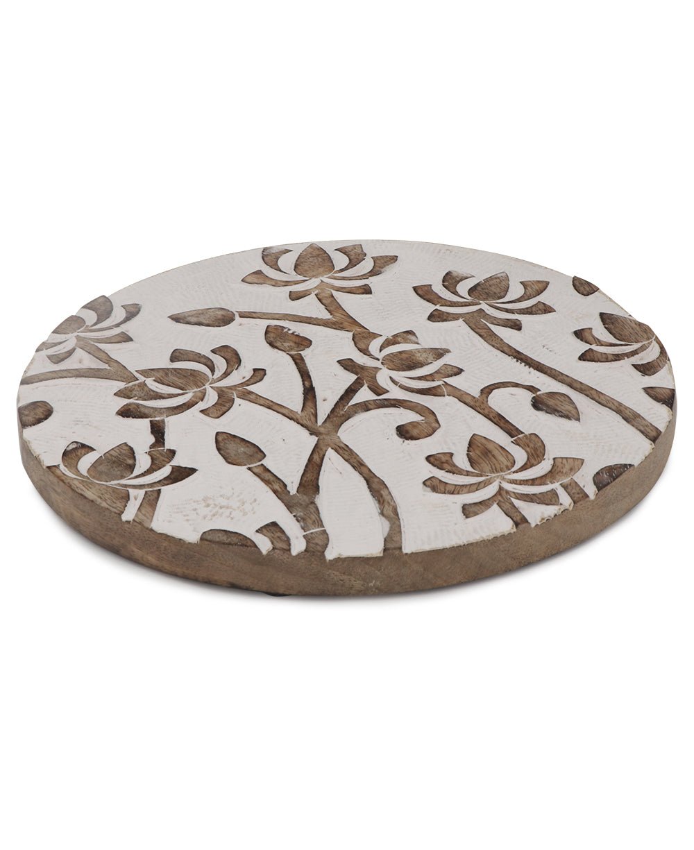 Fairtrade Hand Carved Lotus Wood Round Trivet - Trivets