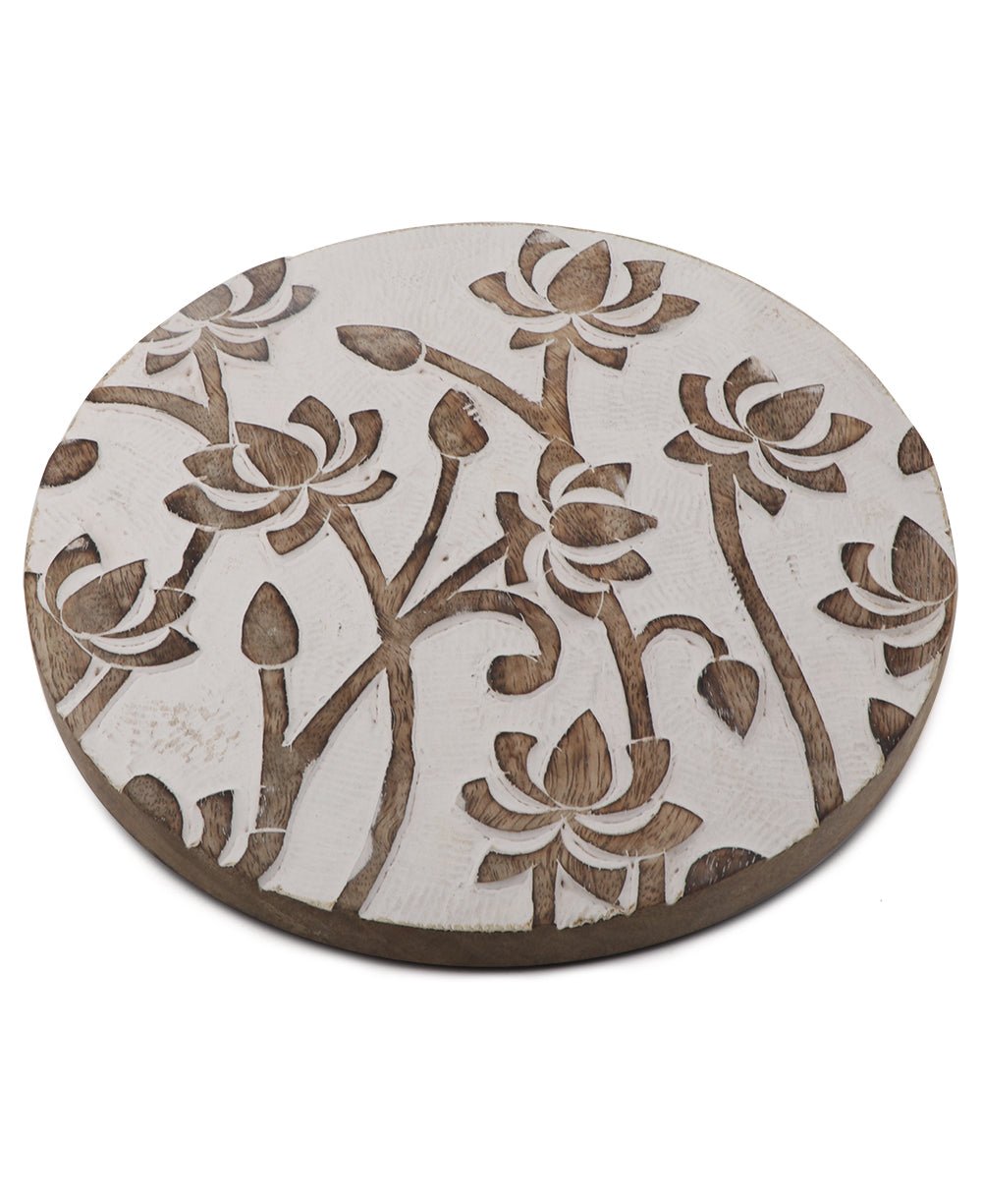 Fairtrade Hand Carved Lotus Wood Round Trivet - Trivets