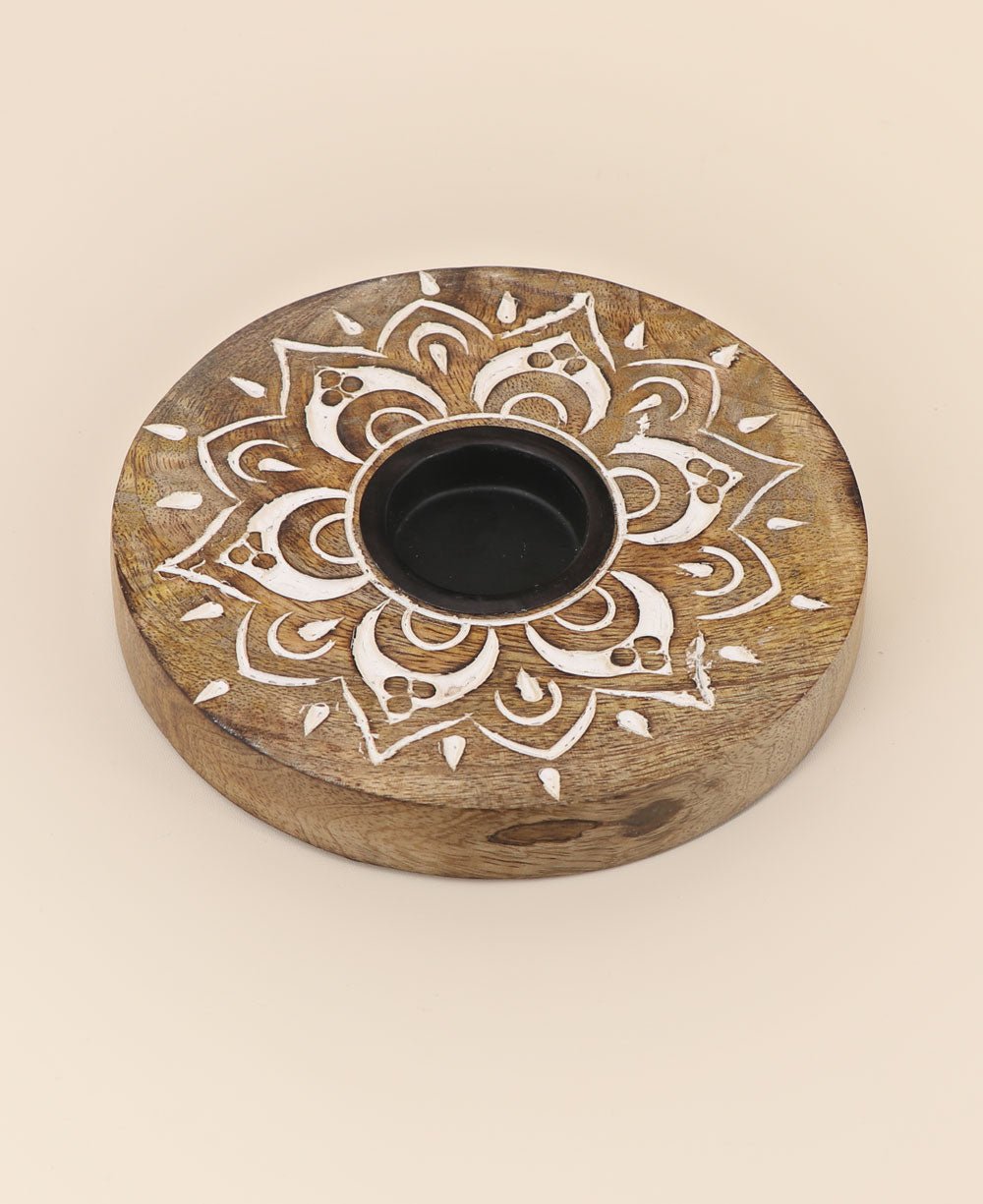 Fairtrade Hand Carved Wood Mandala Design Tea Light Holder - Candle Holders