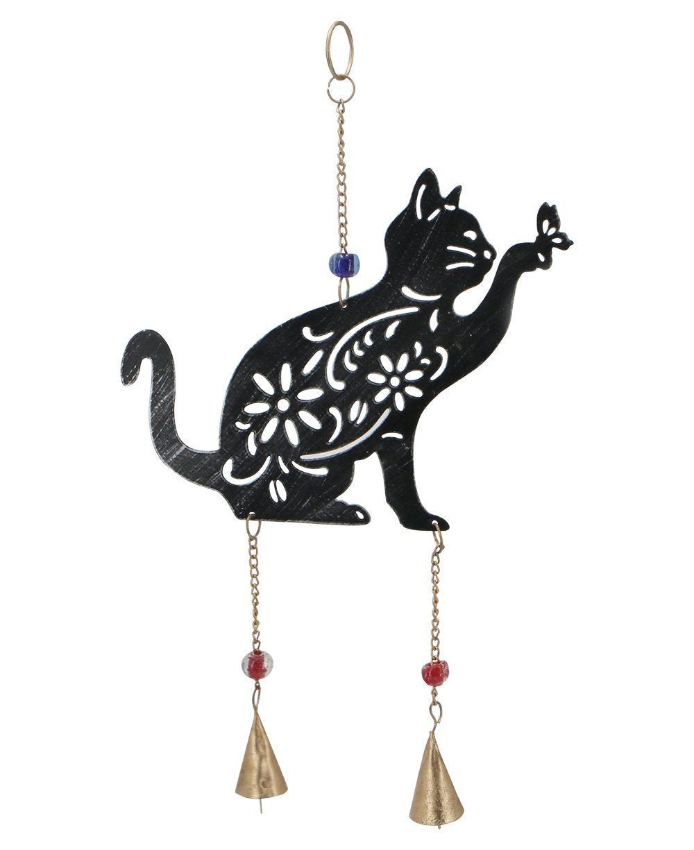 Fairtrade Joyous Cat and a Butterfly Wall Hanging Chime Bell - Wind Chimes