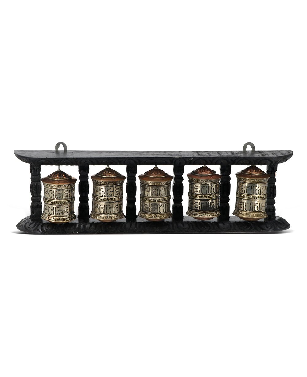 Five-in-One Hanging Metal and Wood Prayer Wheel - Religious Altars