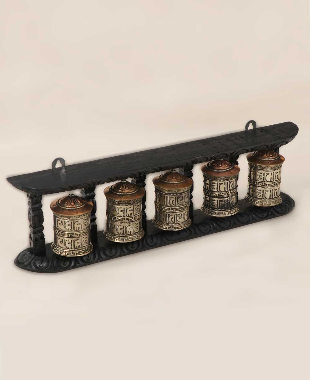 Five-in-One Hanging Metal and Wood Prayer Wheel - Religious Altars