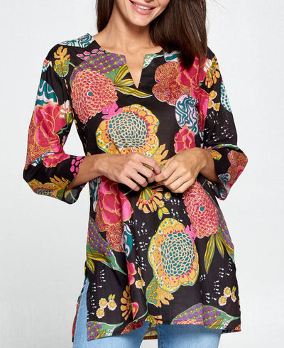 Floral Gardens Kurta Tunic Top, Multiple Colors and Prints - Shirts & Tops Black S