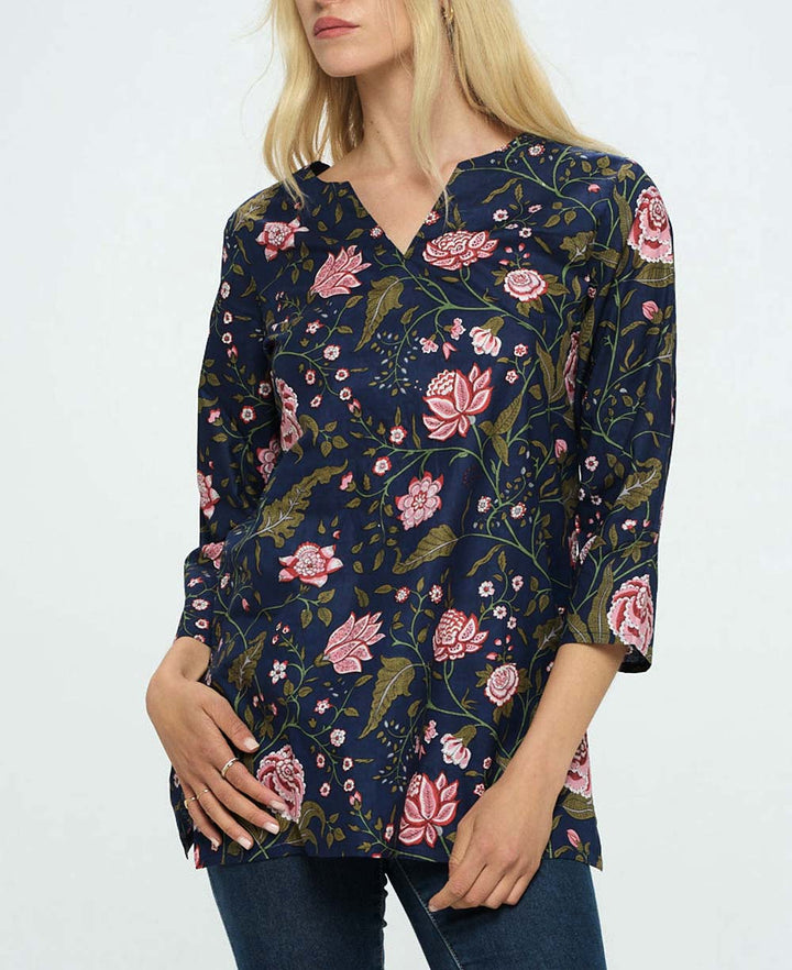 Floral Gardens Kurta Tunic Top, Multiple Colors and Prints - Shirts & Tops Navy S