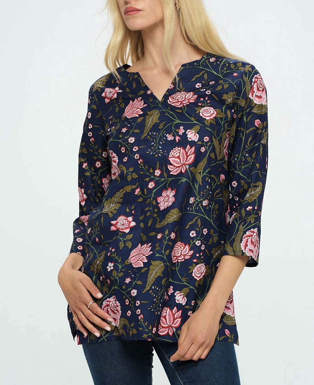 Floral Gardens Kurta Tunic Top, Multiple Colors and Prints - Shirts & Tops Navy S