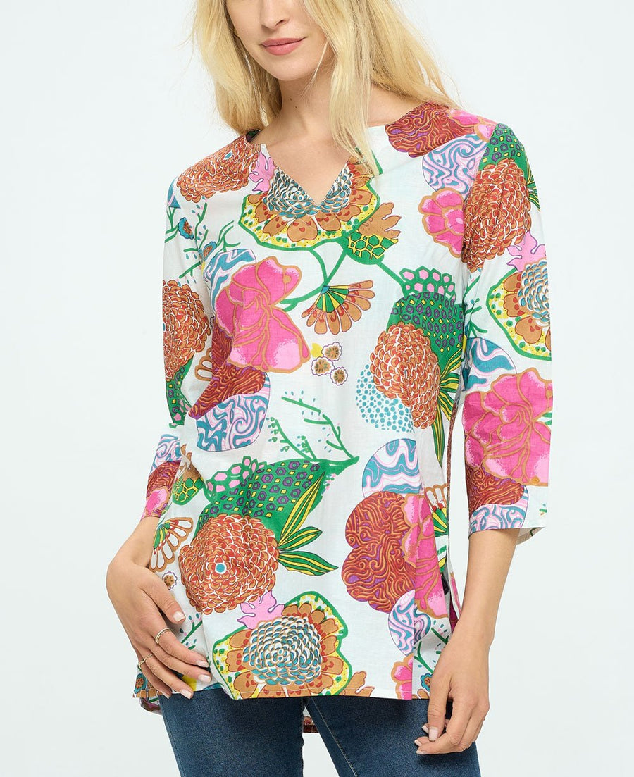 Natural Floral Print High-Low Hem Kurta with Lace