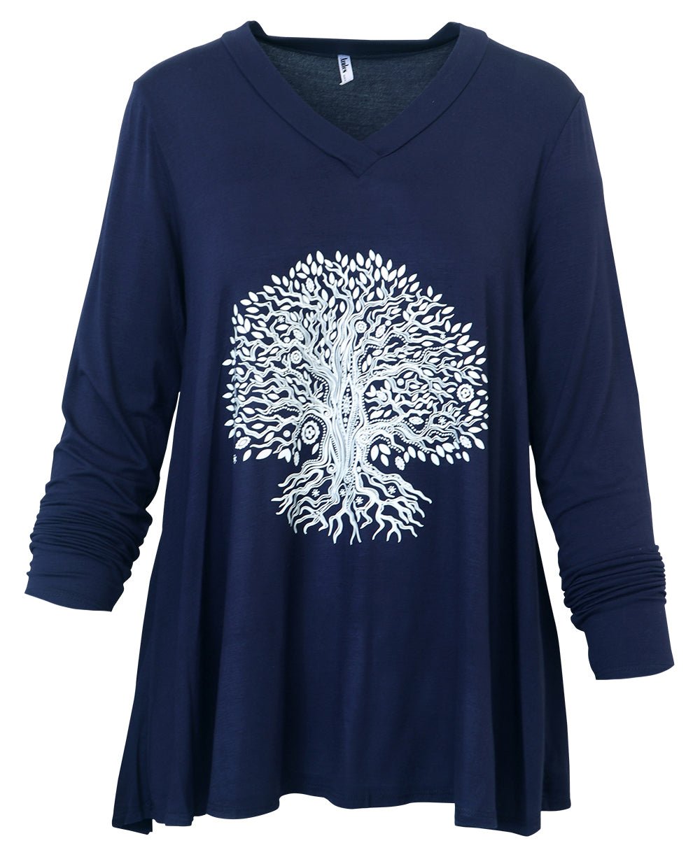 Flowy Navy Blue Tunic Top with Artistic Tree of Life Design - Shirts & Tops S