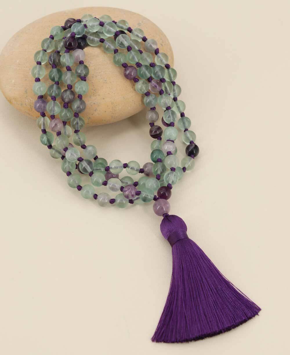 Fluorite Gemstone Meditation Mala, Knotted 108 Beads - Prayer Beads 6mm