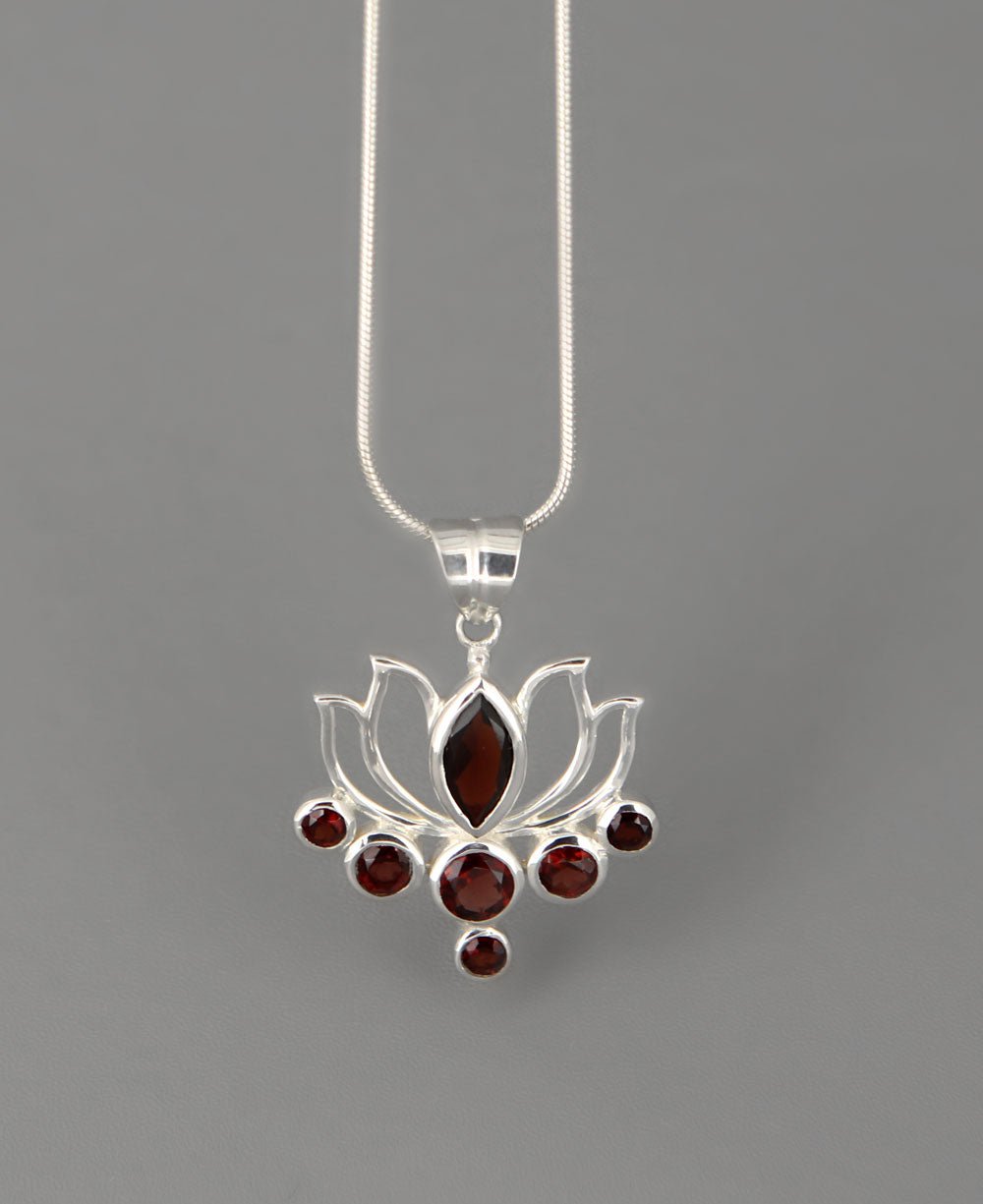 Garnet Lotus Pendant, Sterling Silver - Charms & Pendants