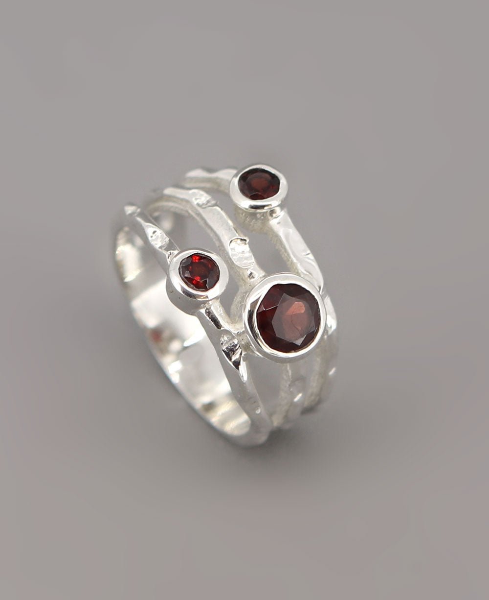 Garnet Triple Gemstone Ring, Sterling Silver - Rings Size 6