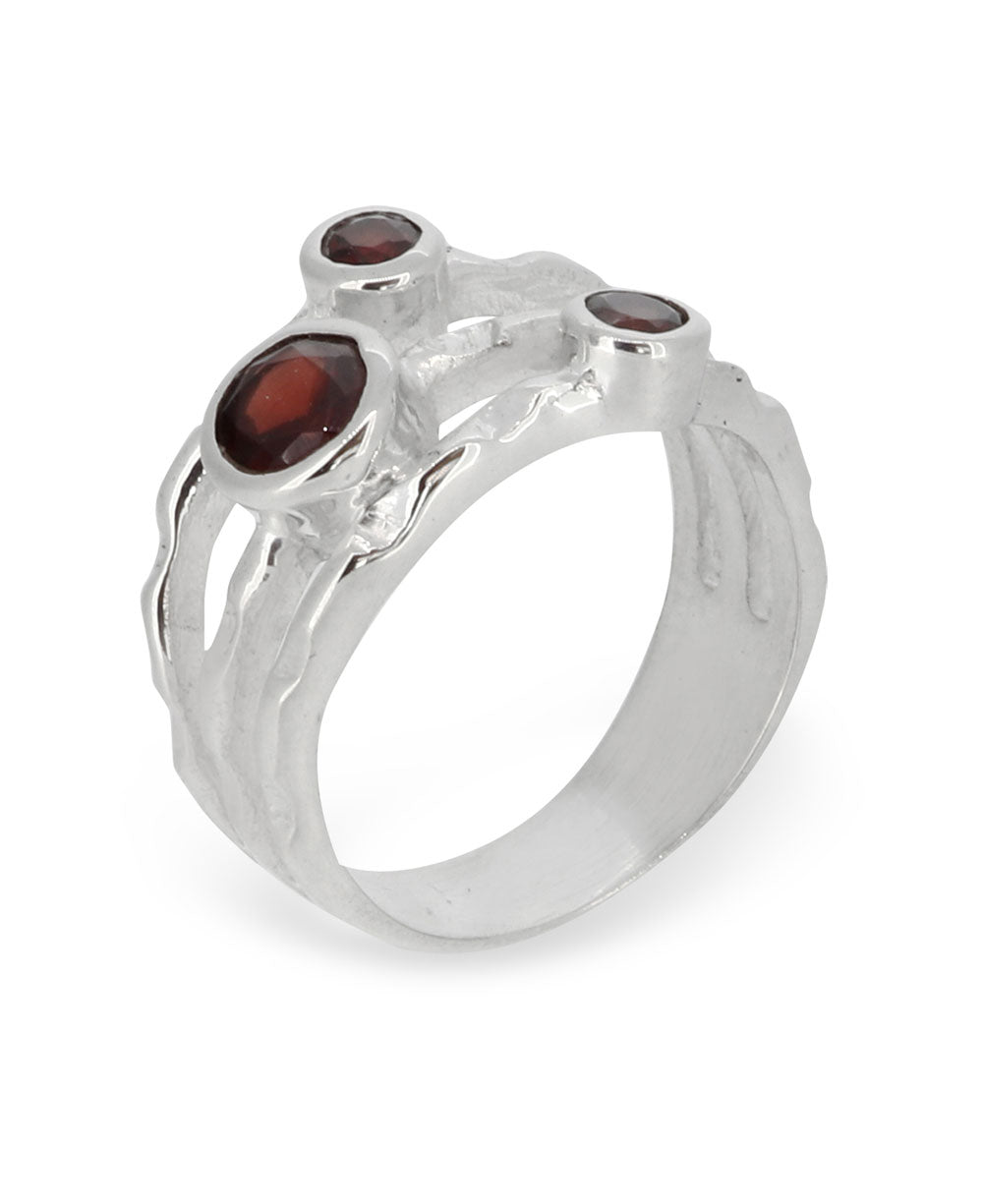 Garnet Triple Gemstone Ring, Sterling Silver - Rings Size 6