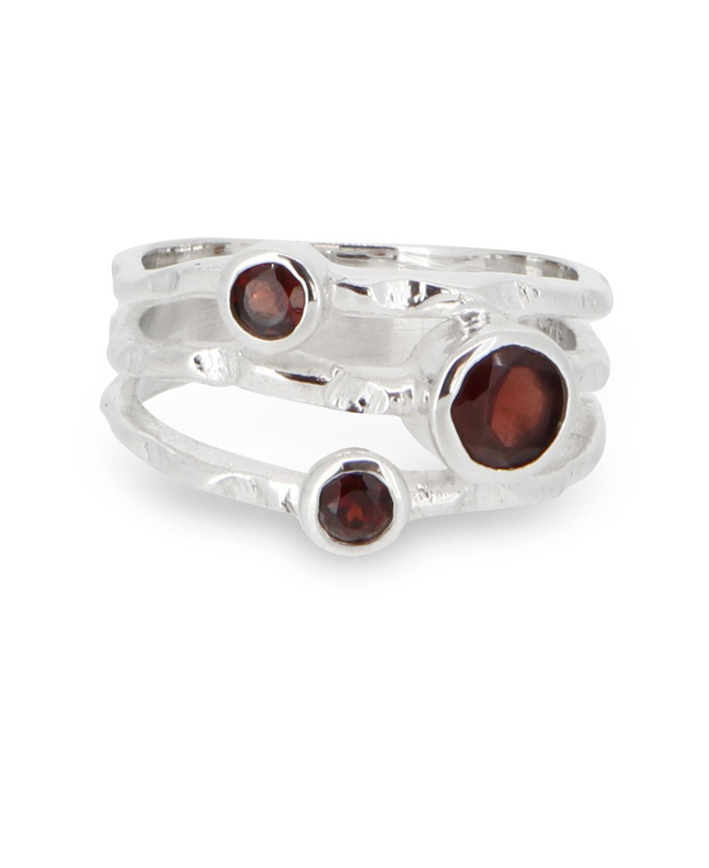 Garnet Triple Gemstone Ring, Sterling Silver - Rings Size 6
