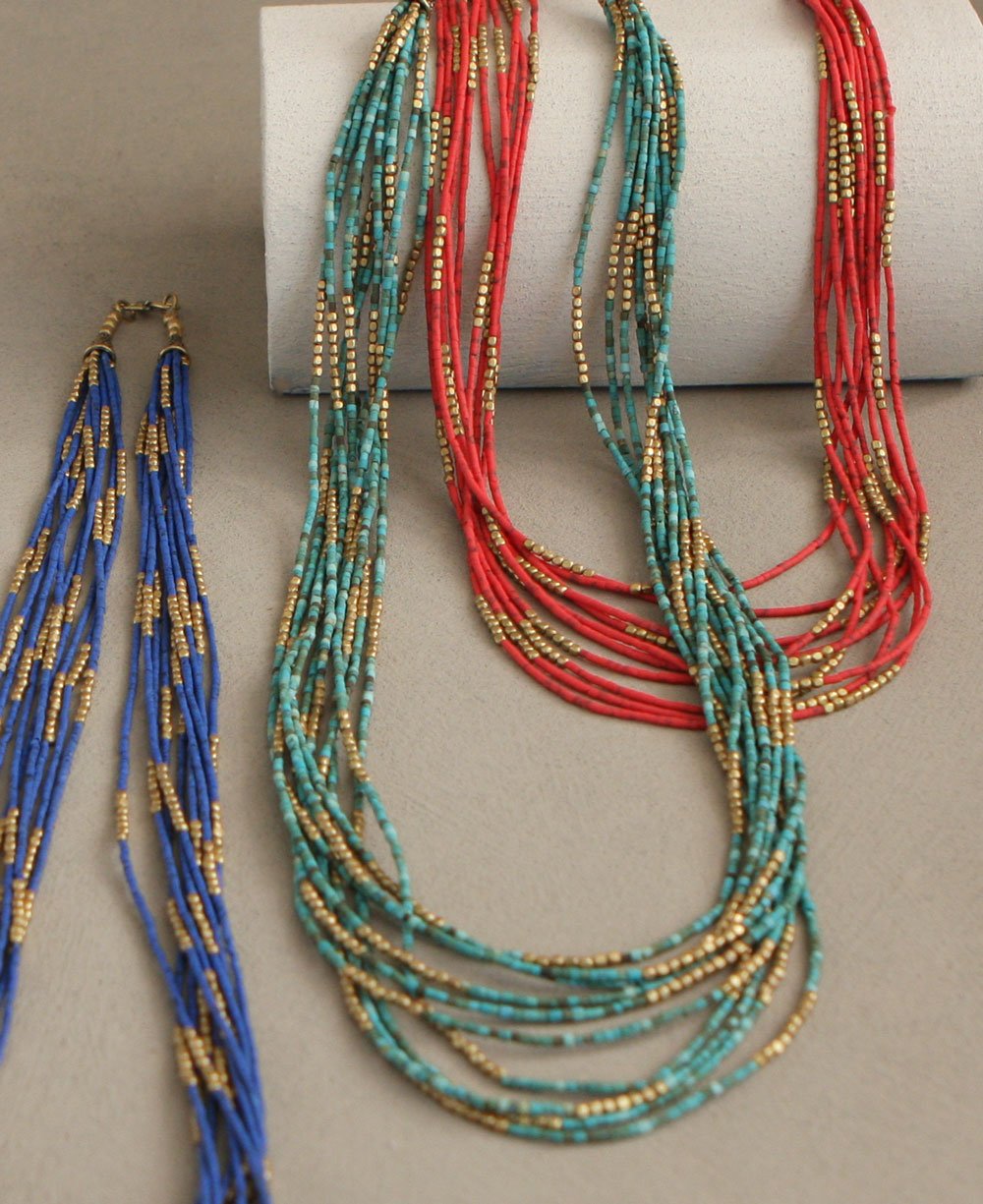 Gemstone and Brass Bead Nepal Necklace - Necklaces Turquoise