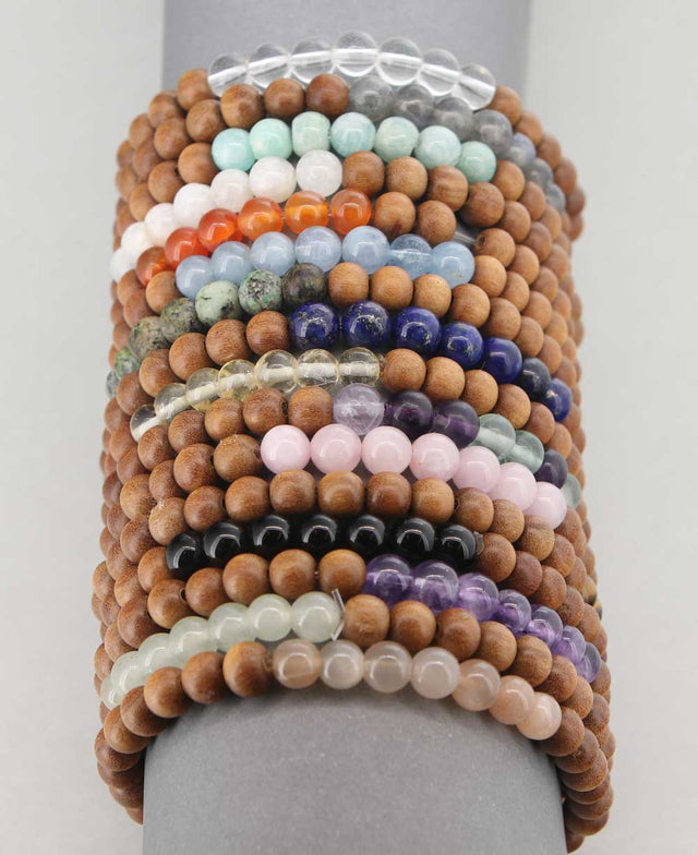 Gemstone and Sandalwood Mala Beaded Bracelet - Bracelets Peach Moonstone