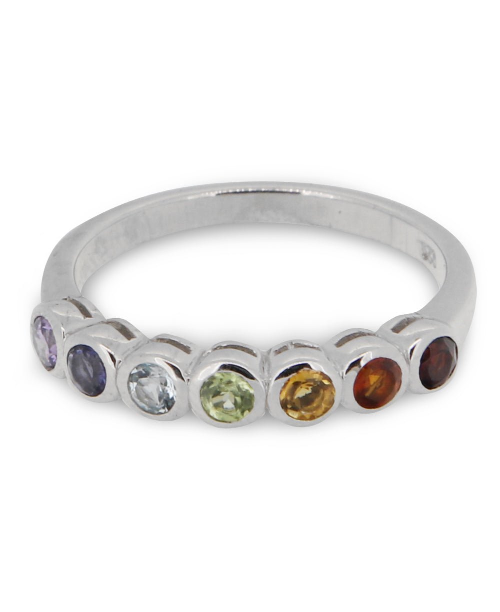 Gemstone Studded Sterling Silver Chakra Ring - Rings Size 6