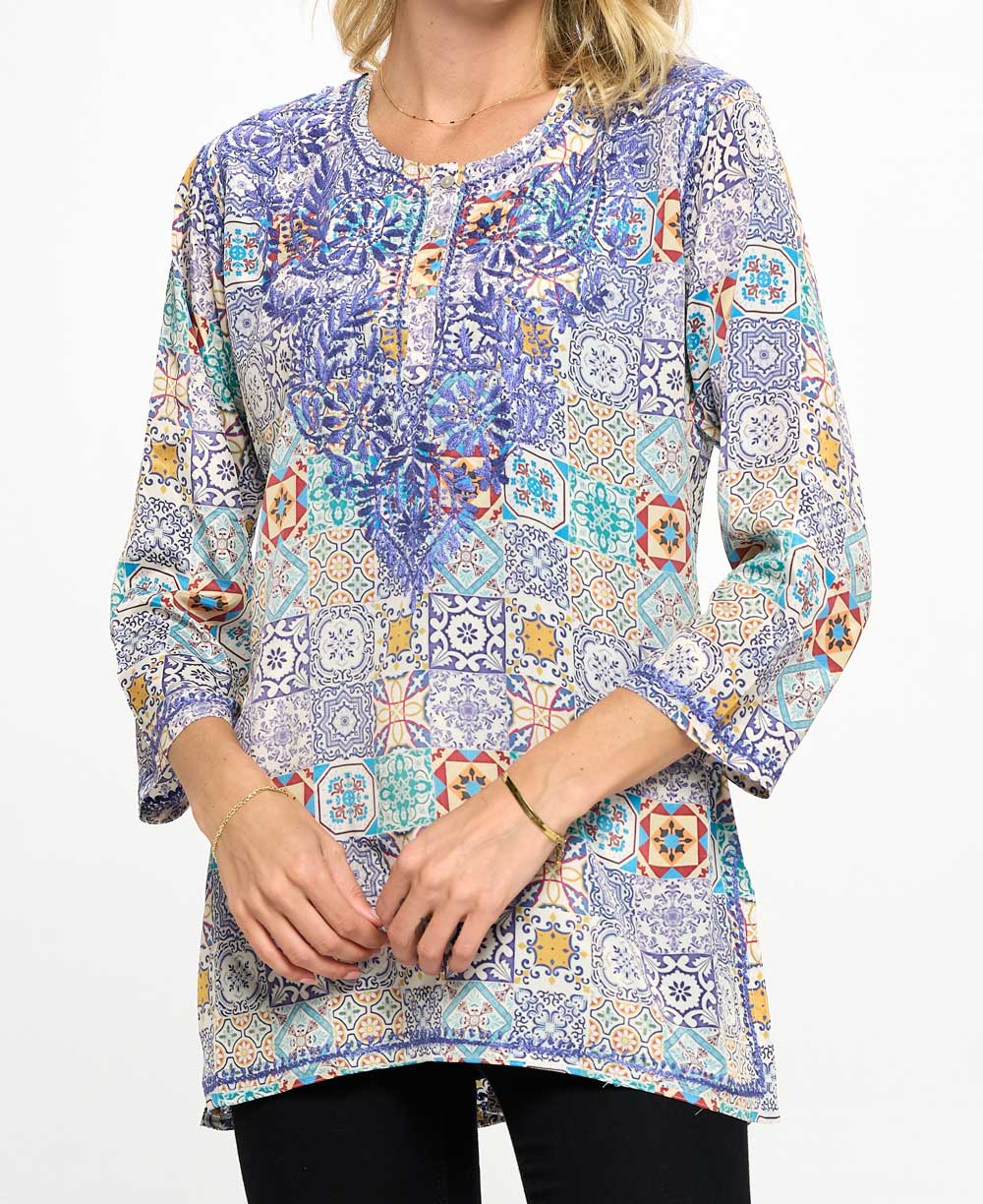 Geometric Print Embroidered Tunic - Shirts & Tops S