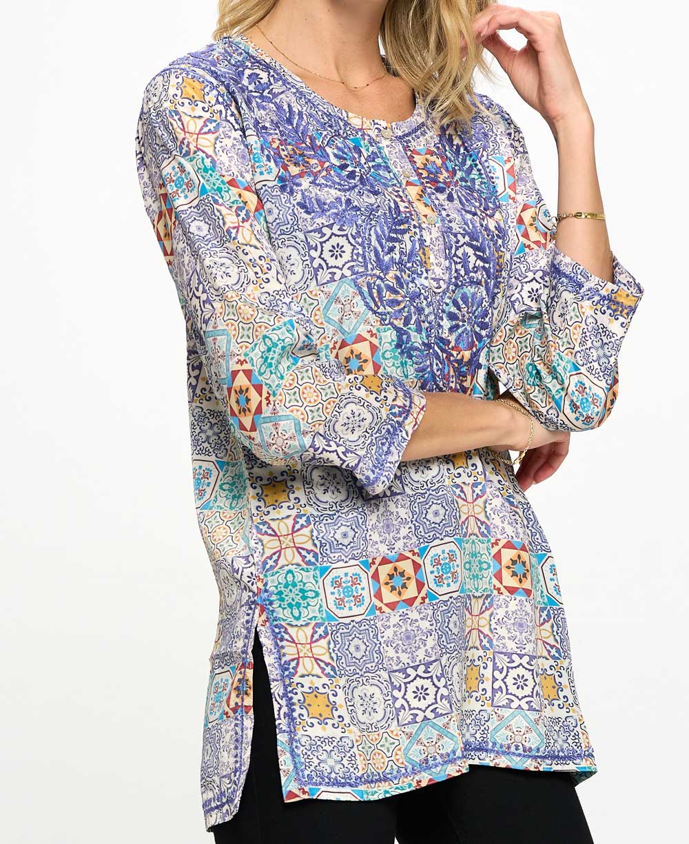 Geometric Print Embroidered Tunic - Shirts & Tops S