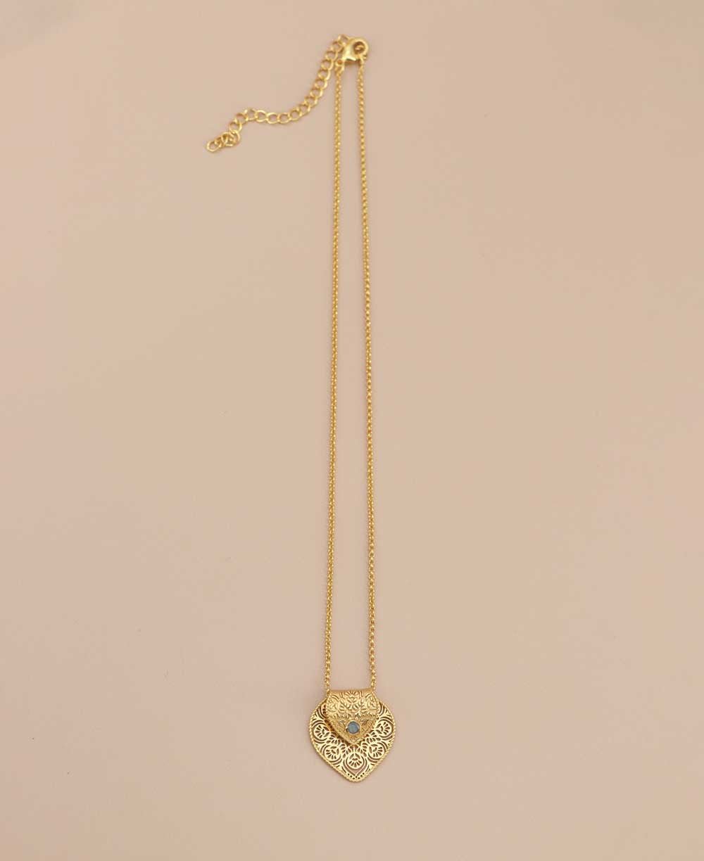 Gold Plated Brass Lotus Petal Mandala Necklace with Labradorite Accent - Necklaces