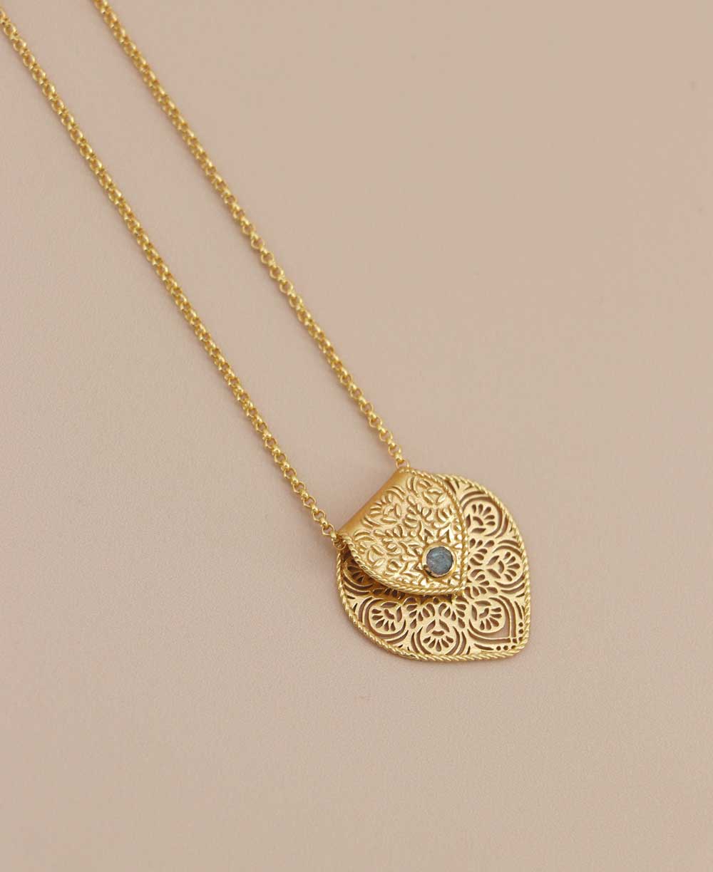 Gold Plated Brass Lotus Petal Mandala Necklace with Labradorite Accent - Necklaces