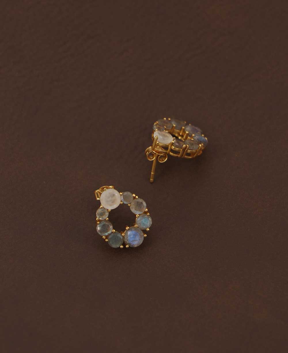 Gold Plated Labradorite Stud Earrings with Rainbow Moonstone - Earrings