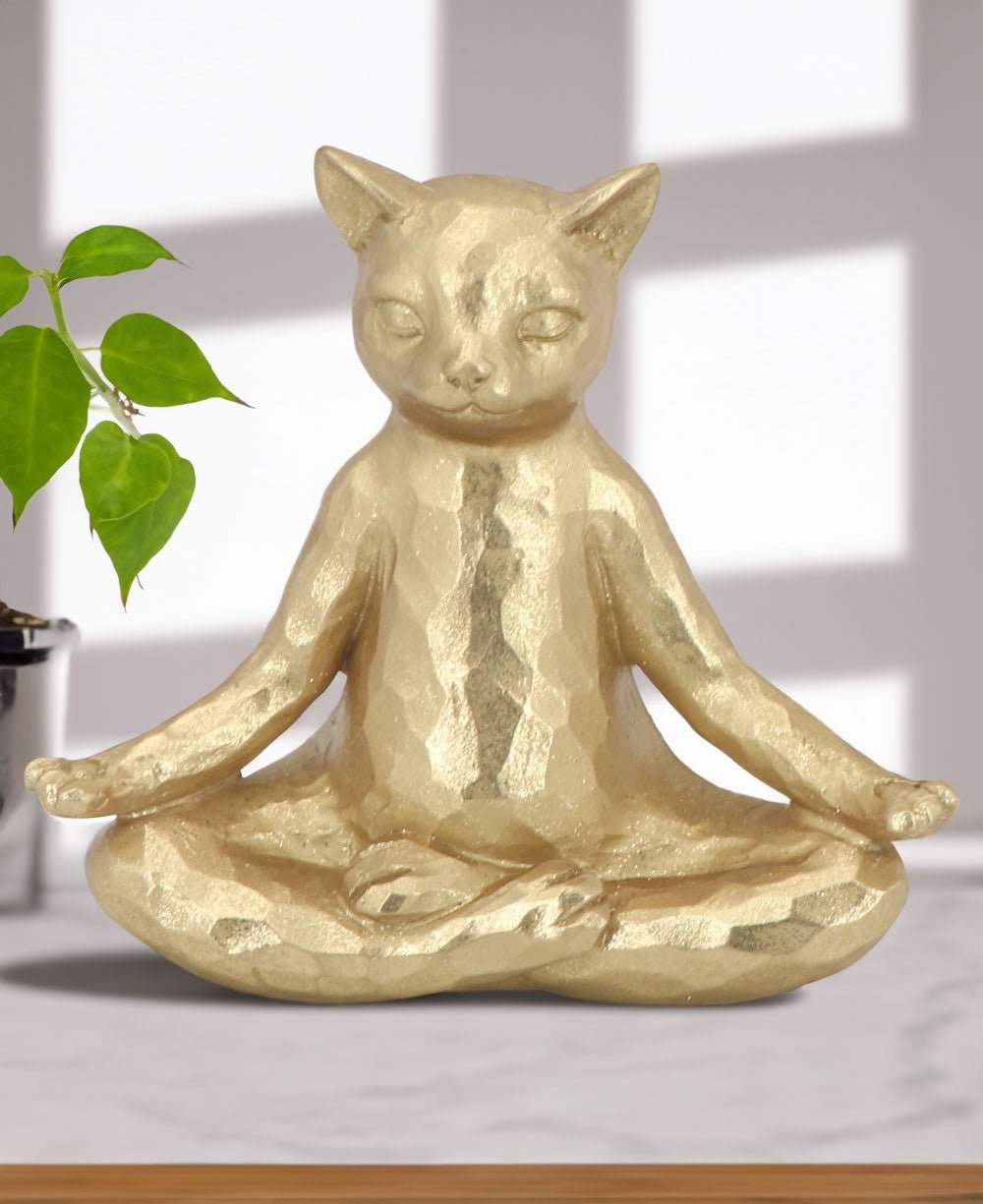 Golden Textured Meditating Yoga Cat - Sculptures & Statues