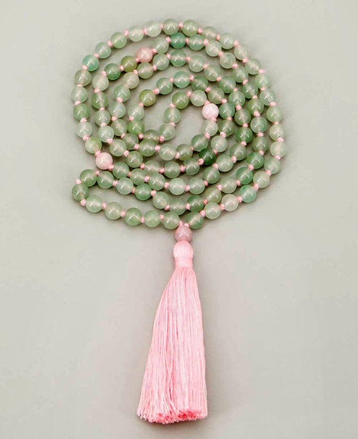 Green Aventurine 108 Beads Meditation Mala with Rose Quartz Counter Beads, Knotted - Prayer Beads
