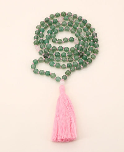Green Aventurine 108 Beads Meditation Mala with Rose Quartz Counter Beads, Knotted - Prayer Beads
