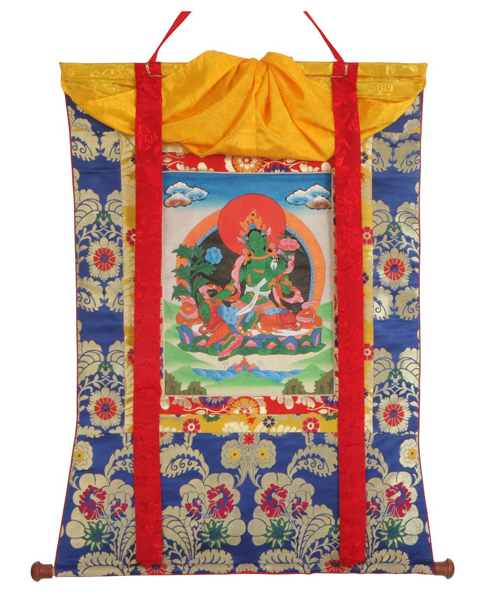 Green Tara Thangka with Blue Background, 32 Inches -