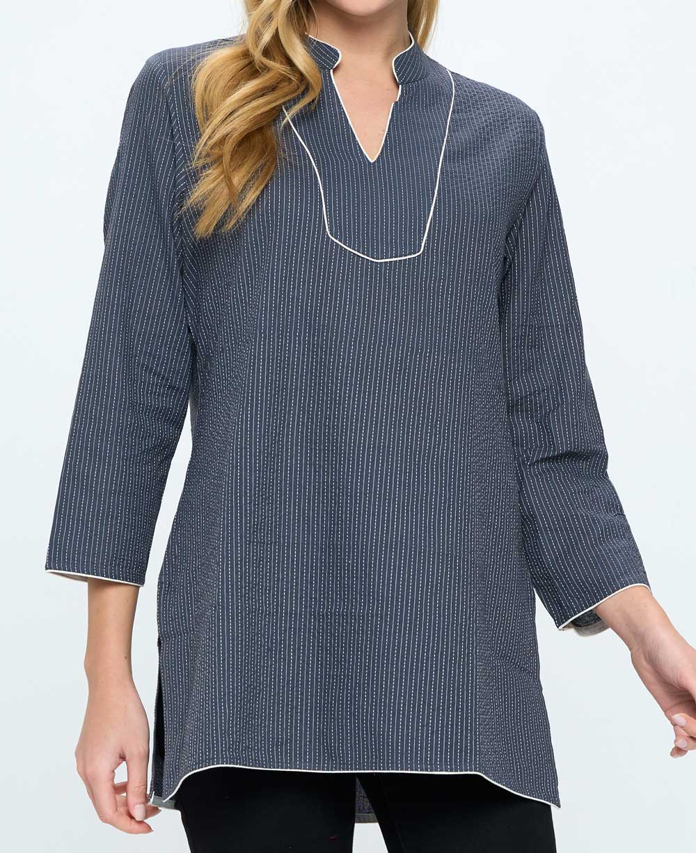 Grey Kantha Stitch Cotton Tunic Top - Shirts & Tops S