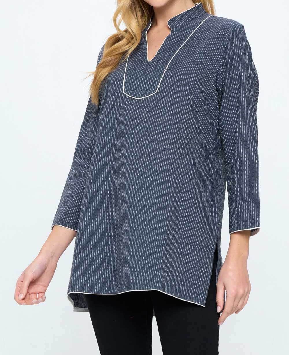 Grey Kantha Stitch Cotton Tunic Top - Shirts & Tops S