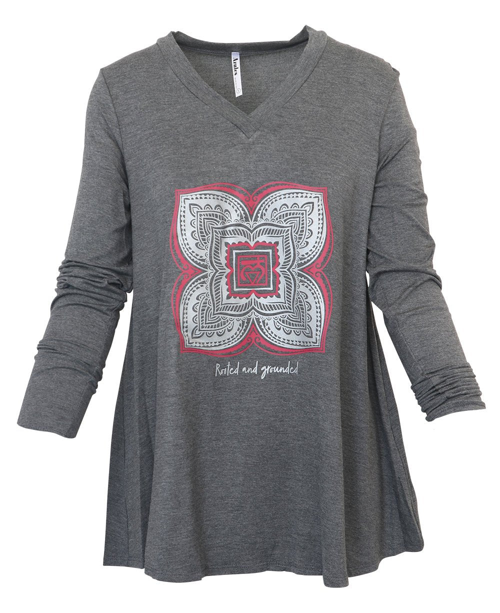 Grounded And Rooted Grey Tunic Top With Root Chakra Design - Shirts & Tops S