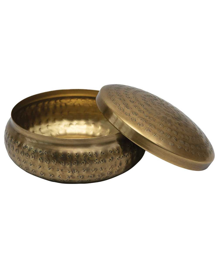Hammered Brass-Finish Round Metal Mala Box With Lid - Gift Boxes & Tins