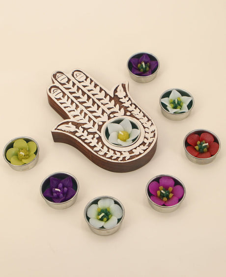 Hamsa Tea light Holder With 8 Floral Tea lights - Candle Holders