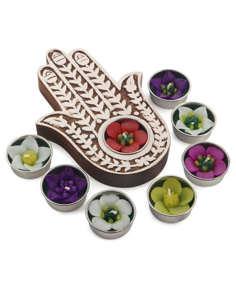 Hamsa Tea light Holder With 8 Floral Tea lights - Candle Holders