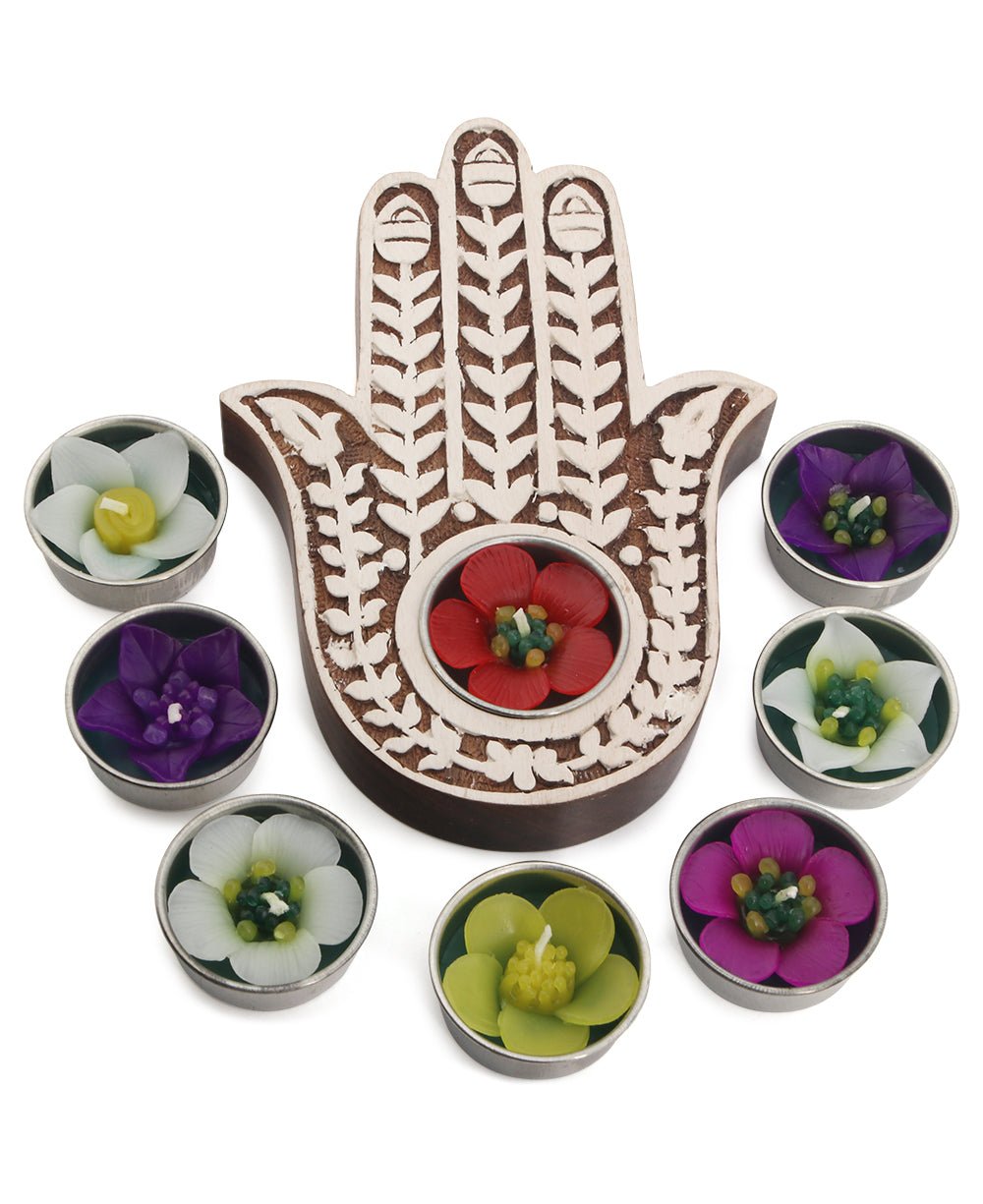 Hamsa Tea light Holder With 8 Floral Tea lights - Candle Holders