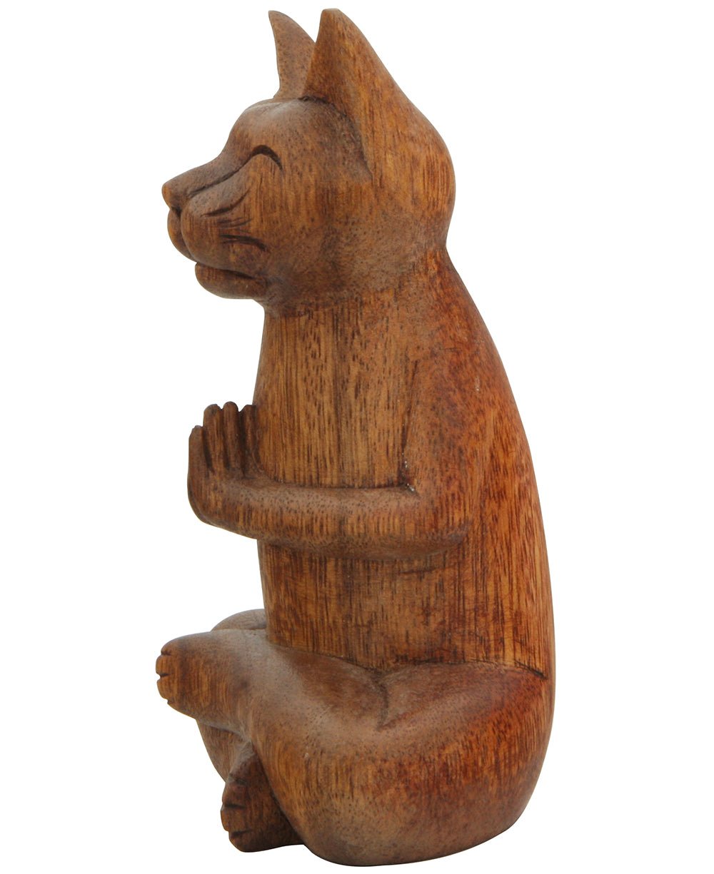 Hand Carved Praying Namaste Cat Statue - Sculptures & Statues