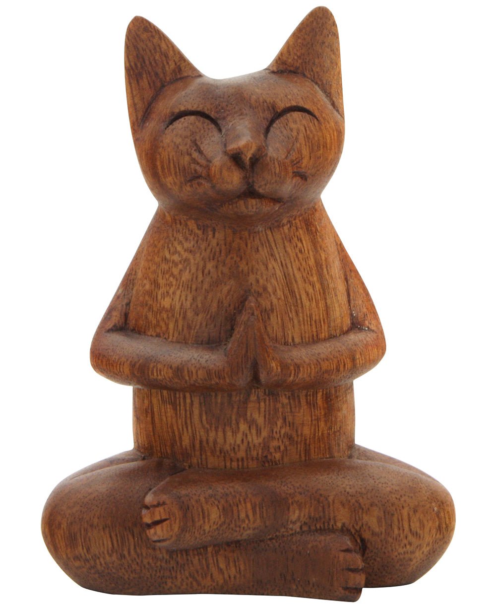Hand Carved Praying Namaste Cat Statue - Sculptures & Statues
