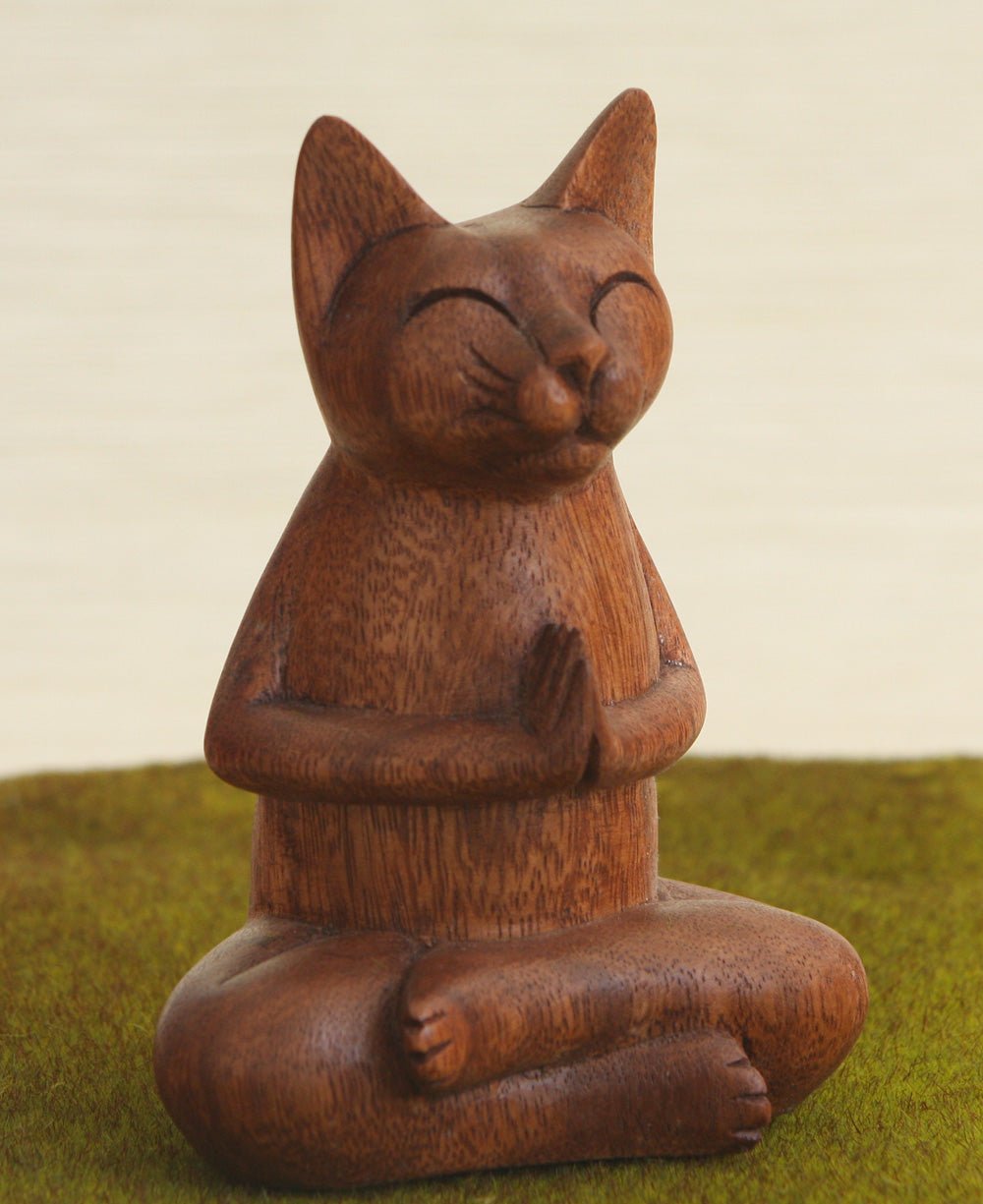 Hand Carved Praying Namaste Cat Statue - Sculptures & Statues